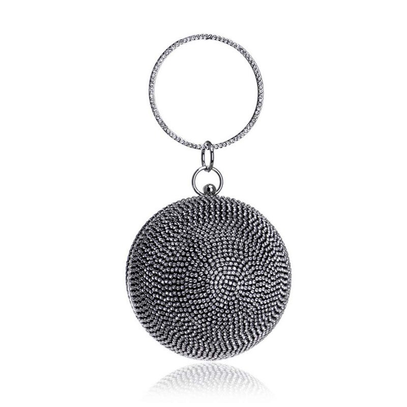 Tngan Ball Shape Clutch Purse Party Handbag Rhinestone Ring Handle Evening Bag Black White - Image 2